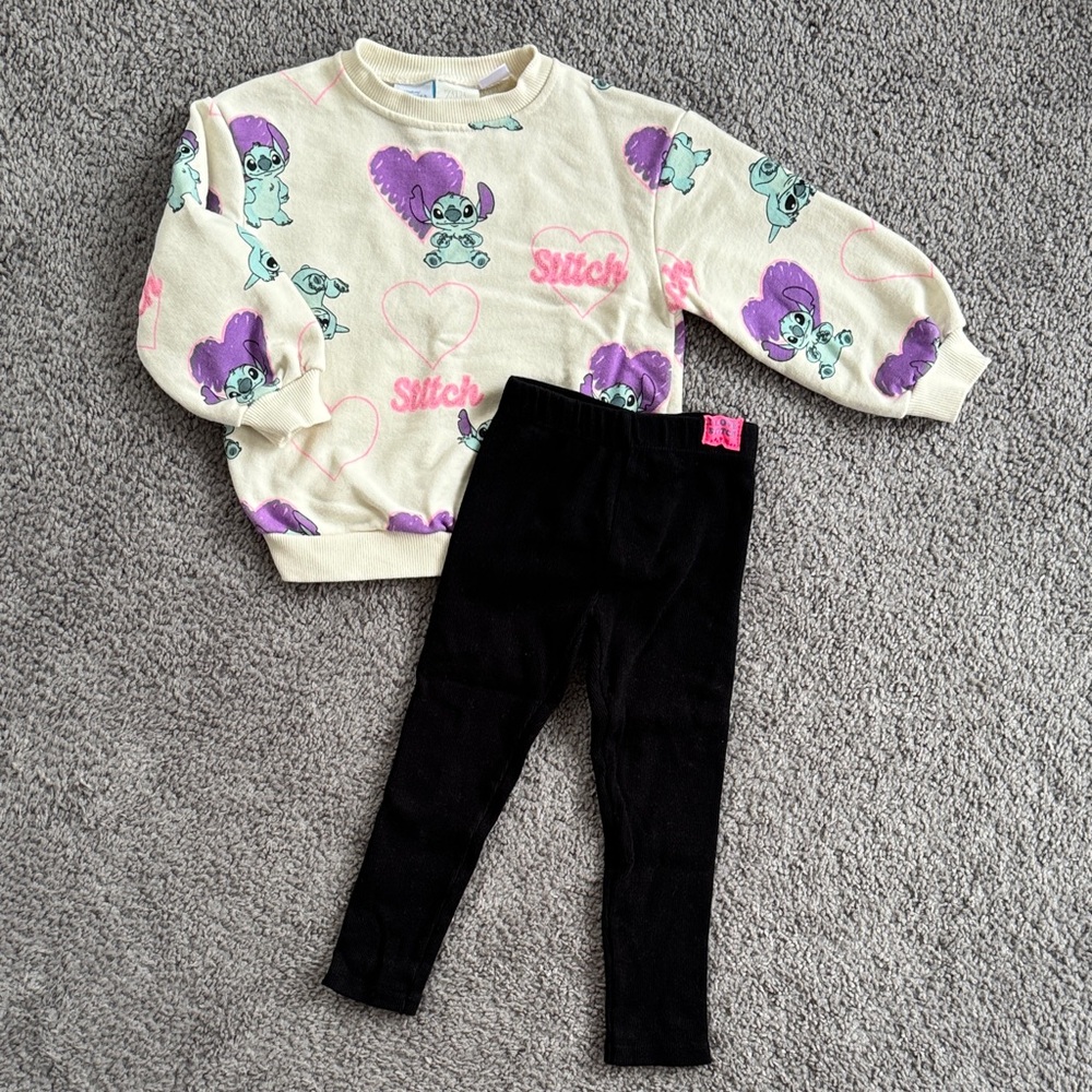 ZARA Stitch Graphic Sweatshirt and Black Leggings Set - Size 3
